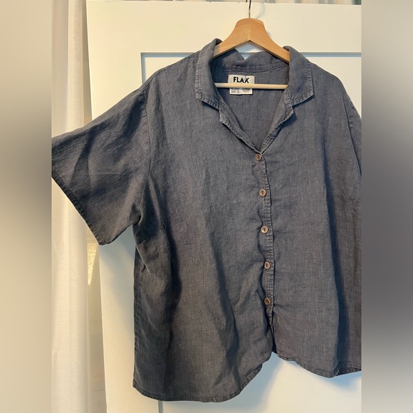 Flax Linen Button Down Shirt Short Sleeved Casual Lagenlook Top Blouse Size 1G - Picture 2 of 7